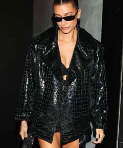 Hailey Bieber Paris Fashion Week Black Leather Jacket