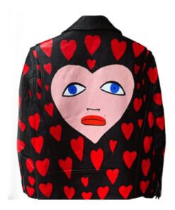 Heart Printed Black Leather Jacket
