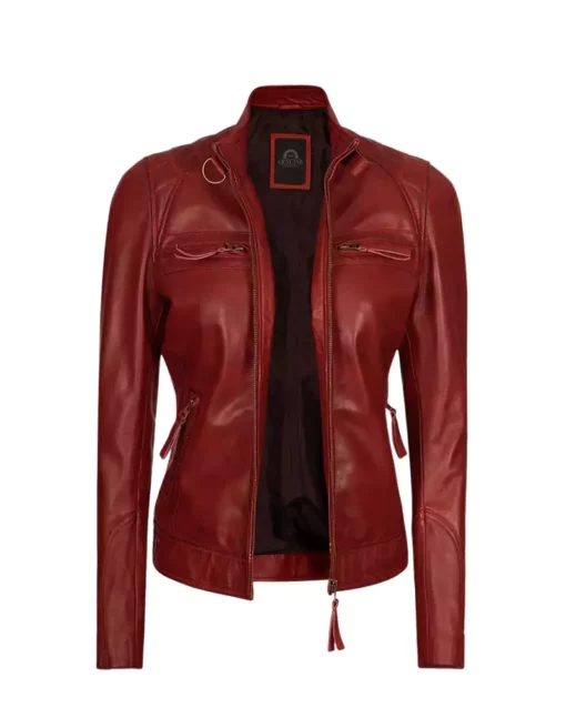 Women Maroon Quilted Cafe Racer Jacket Women Maroon Quilted Cafe Racer Jacket