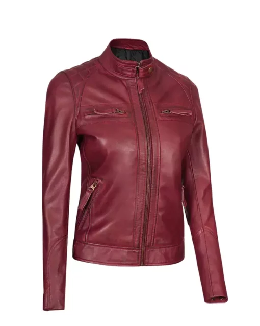 Women Maroon Quilted Cafe Racer Jacket Women Maroon Quilted Cafe Racer Jacket