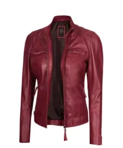 Women Maroon Quilted Cafe Racer Jacket