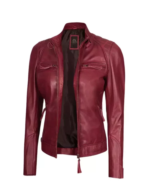 Women Maroon Quilted Cafe Racer Jacket Women Maroon Quilted Cafe Racer Jacket