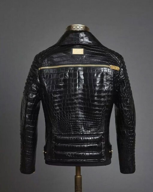 Men’s Leather Jacket Crocodile Print Motorcycle Leather Jacket