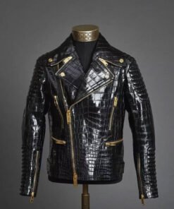 Men’s Leather Jacket Crocodile Print Motorcycle Leather Jacket
