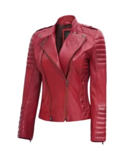 Women Burnt Red Biker Leather Jacket