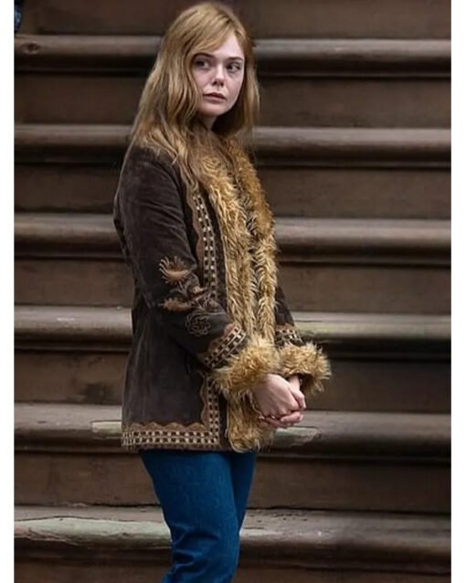 A Complete Unknown 2024 Elle Fanning Brown Fur Jacket