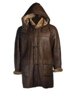 Men Brown Shearling Bomber Hooded Coat