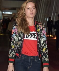 Brie Larson Black Floral Print Bomber Jacket