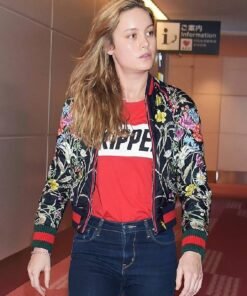 Brie Larson Black Floral Print Bomber Jacket