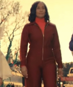 Candy Cane Lane 2023 Tracee Ellis Ross Maroon Jumpsuit