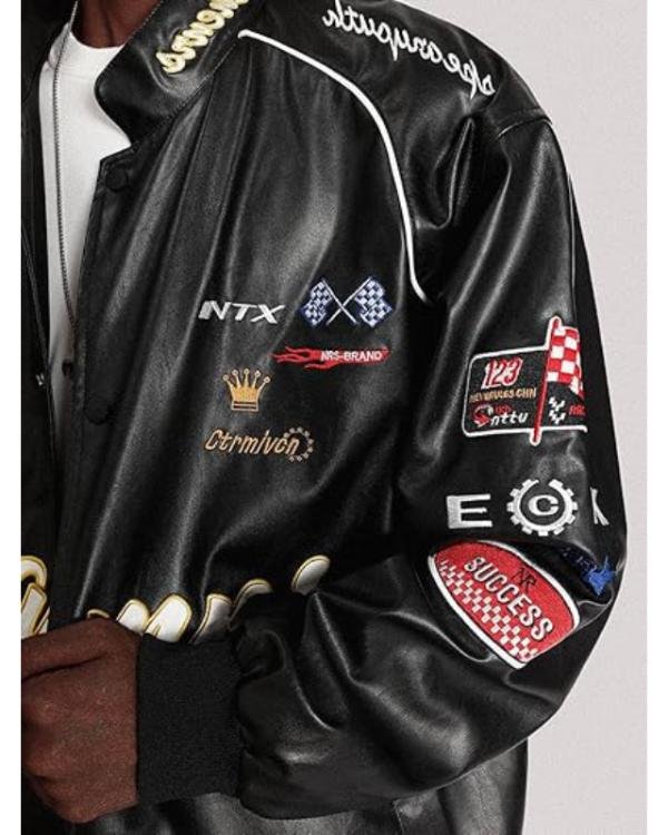 Champs Black Racing Style Leather Jacket Champs Black Racing Style Leather Jacket