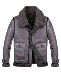 Stylish Grey Sheepskin Shearling Aviator Leather Jacket