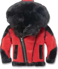 Men Shearling Hooded Red & Black Jacket