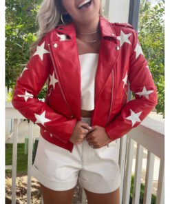 Battle Camp S01 Polly Brindle Red Star Print Leather Jacket
