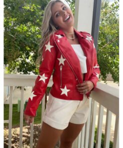 Battle Camp S01 Polly Brindle Red Star Print Leather Jacket