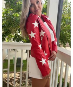 Battle Camp S01 Polly Brindle Red Star Print Leather Jacket