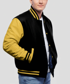 Black Wool & Bright Gold Leather Varsity Jacket