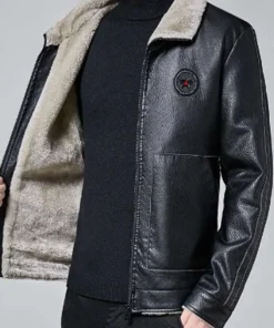 Men Black Casual Fur Leather Jacket