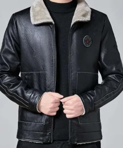 Men Black Casual Fur Leather Jacket