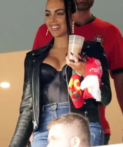 Georgina Rodriguez UEFA EURO 2024 Black Leather Jacket