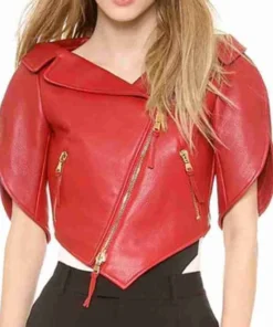 Heart Shaped Red Cropped Leather Jacket For Women