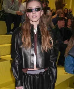 Sydney Sweeney PFW 2025 Black Leather Jacket