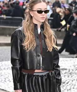 Sydney Sweeney PFW 2025 Black Leather Jacket