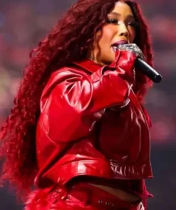 SZA Super Bowl LIX Red Cropped Leather Jacket