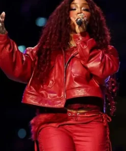 SZA Super Bowl LIX Red Cropped Leather Jacket