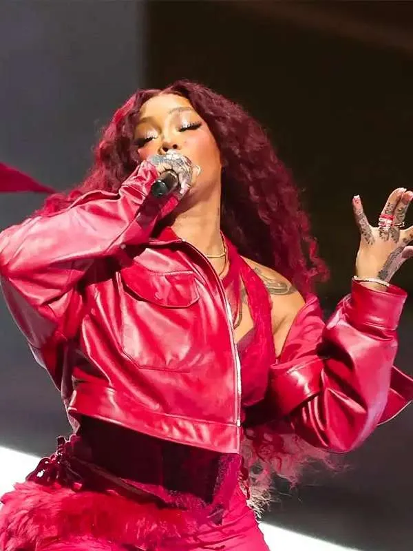 SZA Super Bowl LIX Red Cropped Leather Jacket SZA Super Bowl LIX Red Cropped Leather Jacket