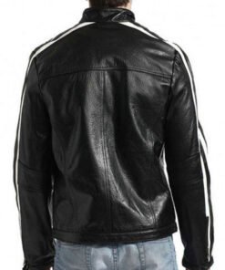 Biker Men’s White Stripes Black Leather Jacket