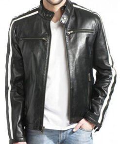 Biker Men’s White Stripes Black Leather Jacket