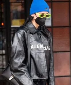 Dua Lipa Balenciaga Black Leather Jacket