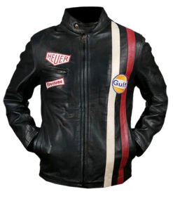 Steve McQueen Gulf Le Mans Motorcycle Black Leather Jacket