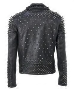 Men’s Punk Rock Silver Spikes Studded Black Brando Biker Leather Jacket