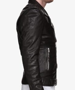 Men’s Belted Asymmetrical Motorcycle Black Leather Jacket