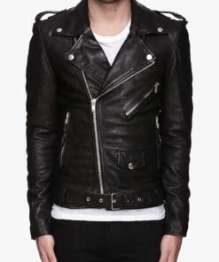 Men’s Belted Asymmetrical Motorcycle Black Leather Jacket