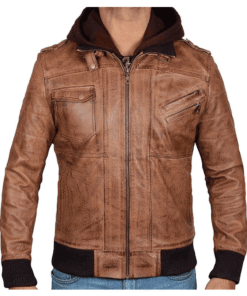 Edinburgh Bomber Brown Leather Jacket With Hood