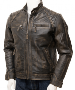 Quilted Distressed Brown Leather Biker Jacket