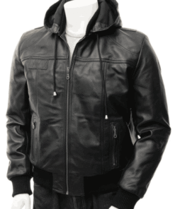 Men’s Black Leather Hoodie Jacket