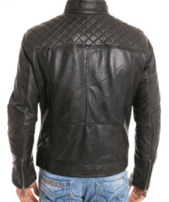 Men’s Diamond Quilted Shoulder Motorcycle Black Jacket