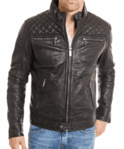 Men’s Diamond Quilted Shoulder Motorcycle Black Jacket