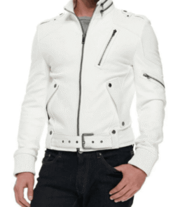 Men’s FJM059 Belted White Leather Motorcycle Jacket