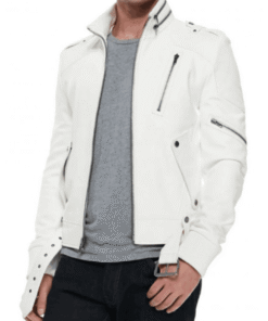 Men’s FJM059 Belted White Leather Motorcycle Jacket