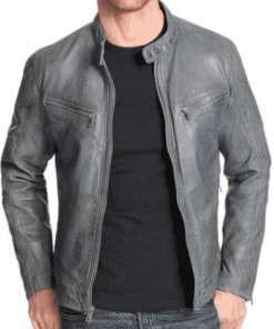 Men’s Mock Collar Zipper Pockets Grey Leather Motorcycle Jacket