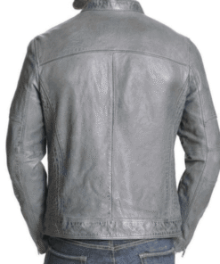 Men’s Mock Collar Zipper Pockets Grey Leather Motorcycle Jacket