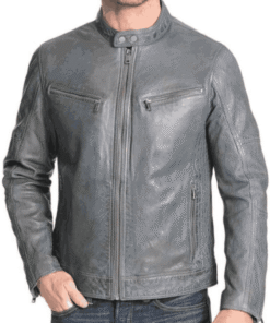 Men’s Mock Collar Zipper Pockets Grey Leather Motorcycle Jacket