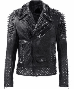 Men’s Punk Rock Silver Spikes Studded Black Brando Biker Leather Jacket