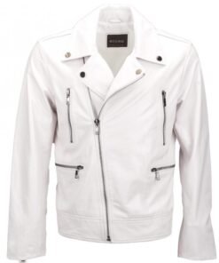 Men’s White Leather Biker Jacket
