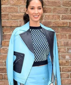 New York City Olivia Munn Blue Leather Jacket